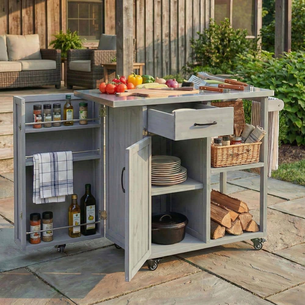 Ximuprmy Grey Steel 40.5 in. Kitchen Island with Hidden Spice