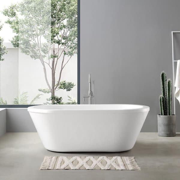 Schon Colton 63 in. Acrylic Freestanding Flatbottom Bathtub in White with Overflow, Drain and Faucet Included in Chrome