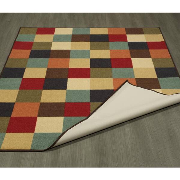 Rubber Backed Area Rug, 39 X 58 inch (fits 3x5 Area), Red Grey Geometric,  Non Slip, Kitchen Rugs and Mats