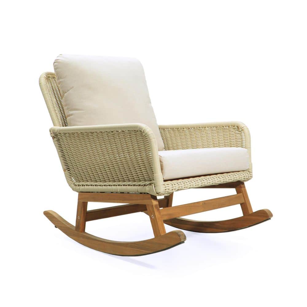 Wicker Outdoor Rocking Chair with Durable Wooden Frame and Ivory Cushion fo