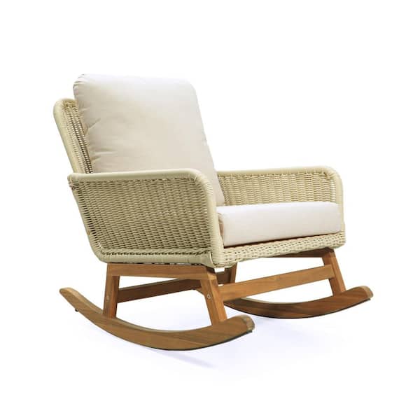 Unbranded Wicker Outdoor Rocking Chair with Durable Wooden Frame and Ivory Cushion for Patio, Balcony, Garden