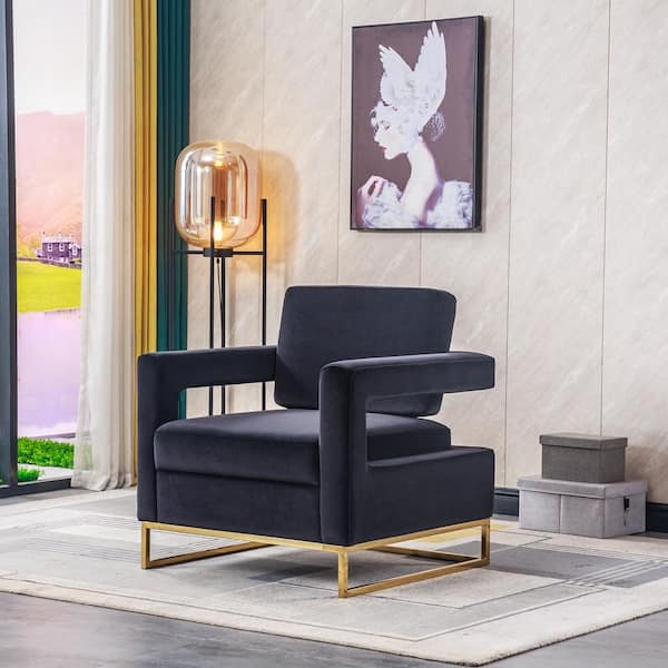 ANBAZAR Black Accent Velvet Sofa Chair/Open Back Chair Removable Tufted Cushion Armchair with Pillow Gold Stainless Steel Base