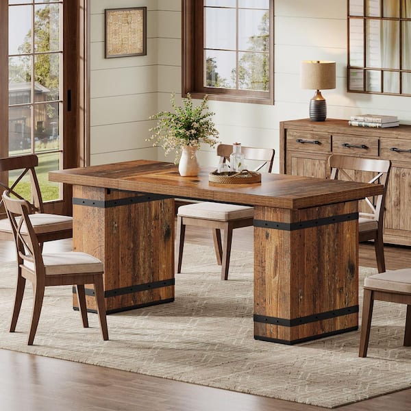 Moronia Farmhouse Brown Wood 63 in. Double Pedestal Dining Table Seats 6