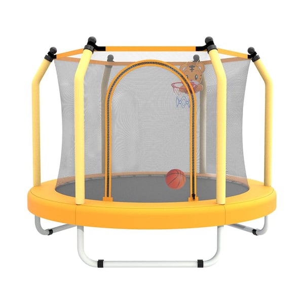 Tenleaf 55 in. Yellow Round Small Toddler Trampoline for for Kids Indoor and Outdoor with Basketball Hoop