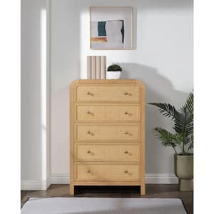 Belmont 32 in. L x 20 in. D x 50 in. H 5-Drawer Rattan Natural Wood Chest of Drawers