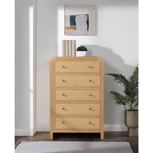 Best Master Furniture Belmont 32 in. L x 20 in. D x 50 in. H 5-Drawer Rattan Natural Wood Chest of Drawers
