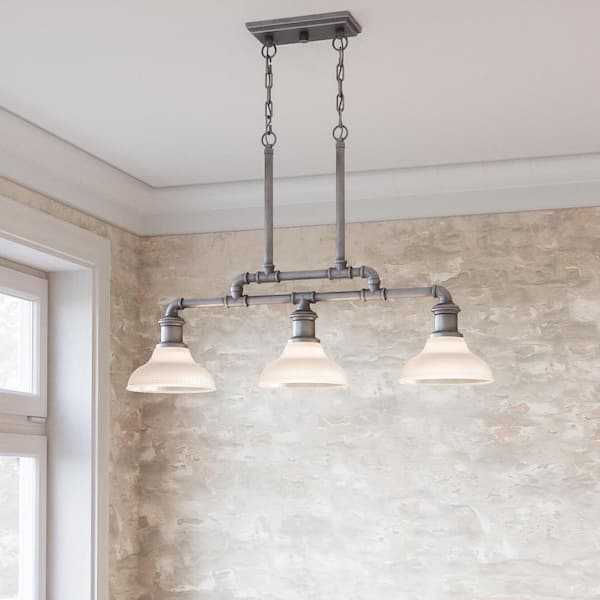 Foxcroft 3-Light Antique Nickel Island Chandelier with Clear Prismatic Glass Shades