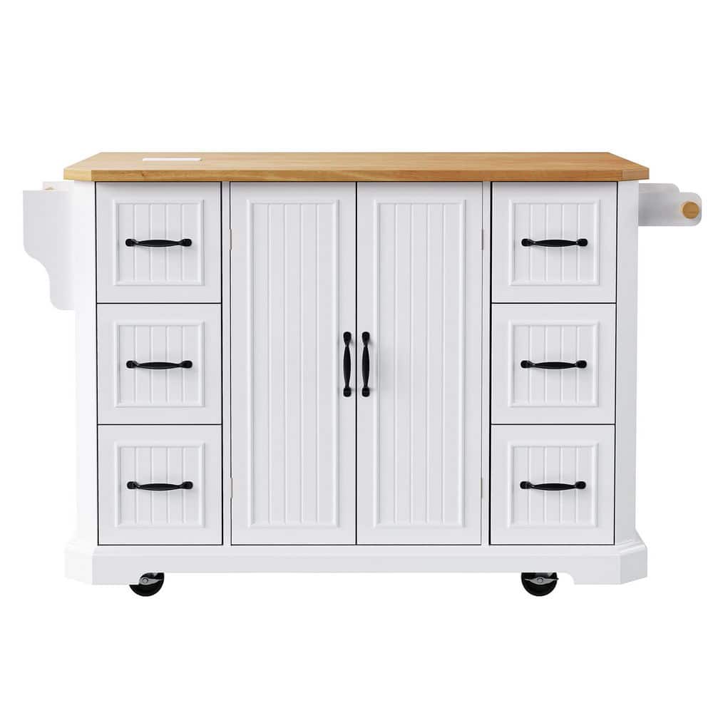 H2O 56 in. White Kitchen Cart Island with Rubber Wood Veneer Drop Leaf, Pow