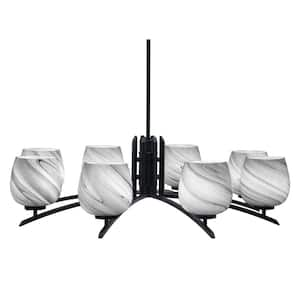 Siena 36 in. 8 Light Matte Black Chandelier with Onyx Swirl Glass Shades