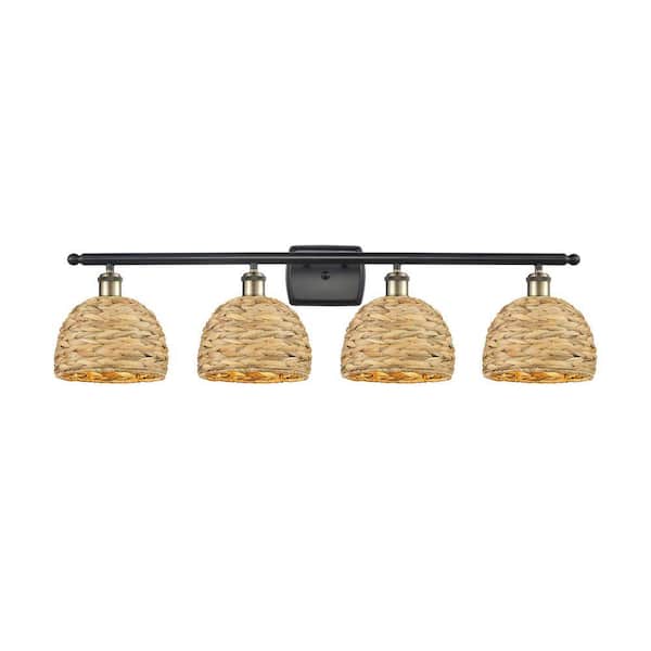 Woven Rattan 38 in. 4-Light Black Antique Brass Vanity Light with Rattan Shade