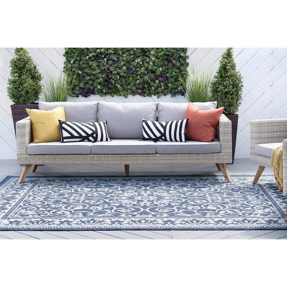 Navy Floral Synthetic 5' x 7' Rectangular Outdoor Rug