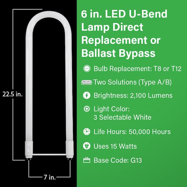 32-Watt Equivalent 2 ft. T8 G13 Type AB Linear U-Bend LED Tube Light Bulb Selectable White (12-Pack)
