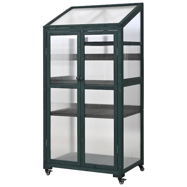 31.5 in. W x 22.4 in. D x 62 in. H Wood Green Greenhouse Balcony Portable Cold Frame with Wheels and Adjustable Shelves
