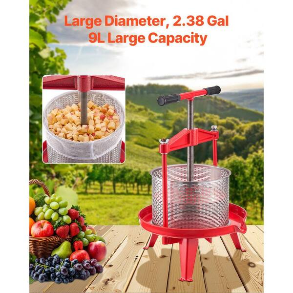 2.38 Gal. Fruit Wine Press, Stainless Steel Basket with Cross-beam, Manual Cider, Grape Juice Maker 2025 update