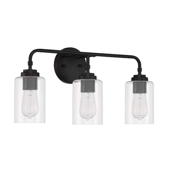 Stowe 22 in. 3-Light Flat Black Finish Vanity Light with Clear Glass Shade