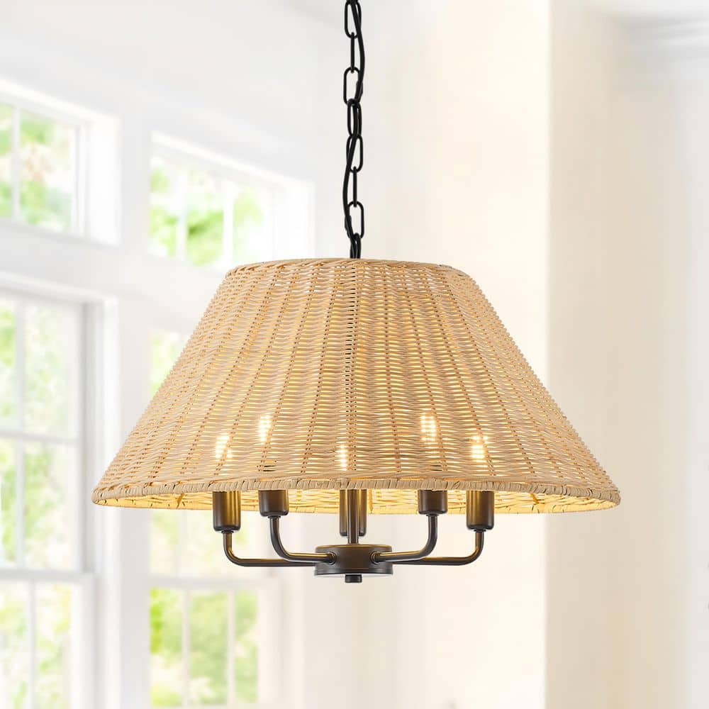 5-Light Matte Black Boho Farmhouse Drum Natural Woven Rattan Shade Pendant Light price history on PriceWatchPro