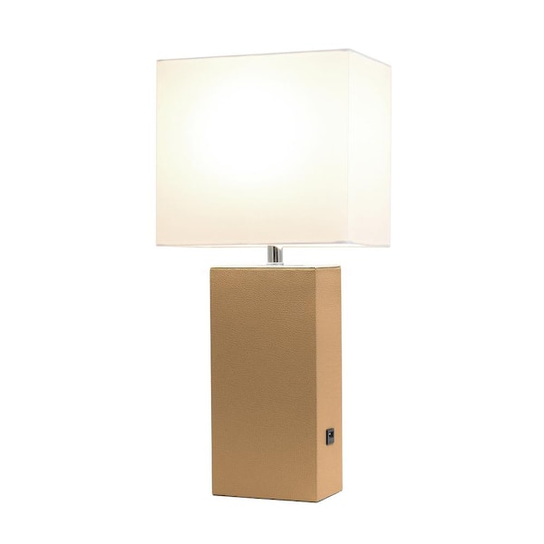 White Fabric Shade Lt1053 Bge, Leather Table Lamp