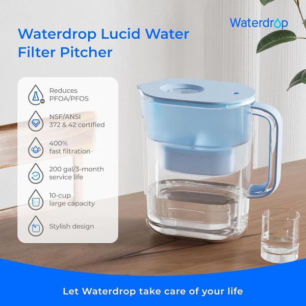 Water Filter Pitcher with 1-Filter, 200 Gal. Long-Life, NSF Certified, 5X Times Lifetime, Reduces PFOA/PFOS, Blue