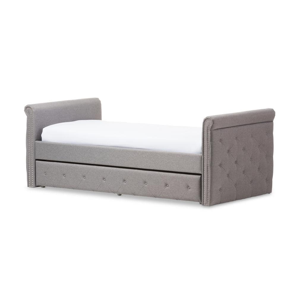 Gray Twin Upholstered Daybed with Tufted Nailhead Trim and Trundle