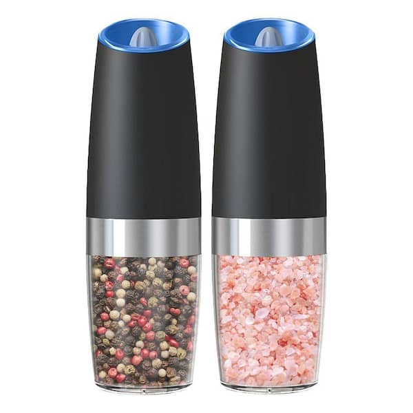 2-Pack Black Electric Gravity Salt and Pepper Grinder Set with LED Light, Adjustable Coarseness for Kitchen & Travel