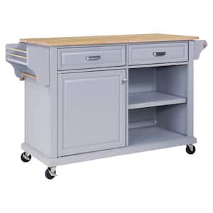 Gray Rubberwood 57.5  in.. Kitchen Island Roll in.g Kitchen Cart with Spice Rack, Large Drawers, Adjustable shelves