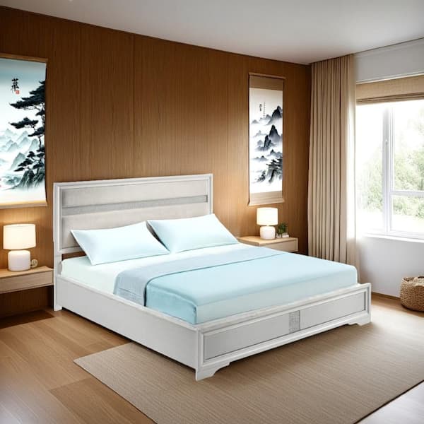 Benjara Vino California White Hardwood Frame King Platform Bed with Upholstered Headboard