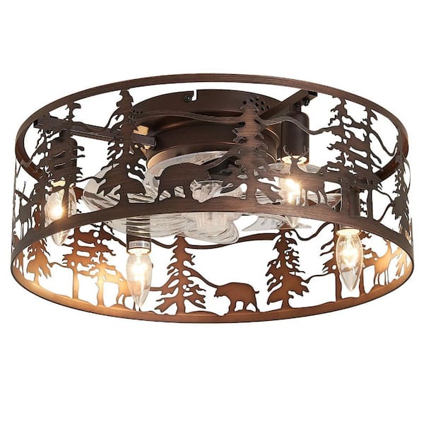 JUSHENG 17.7 in. 4-Light Bronze Rustic Forest Flush Mount Ceiling