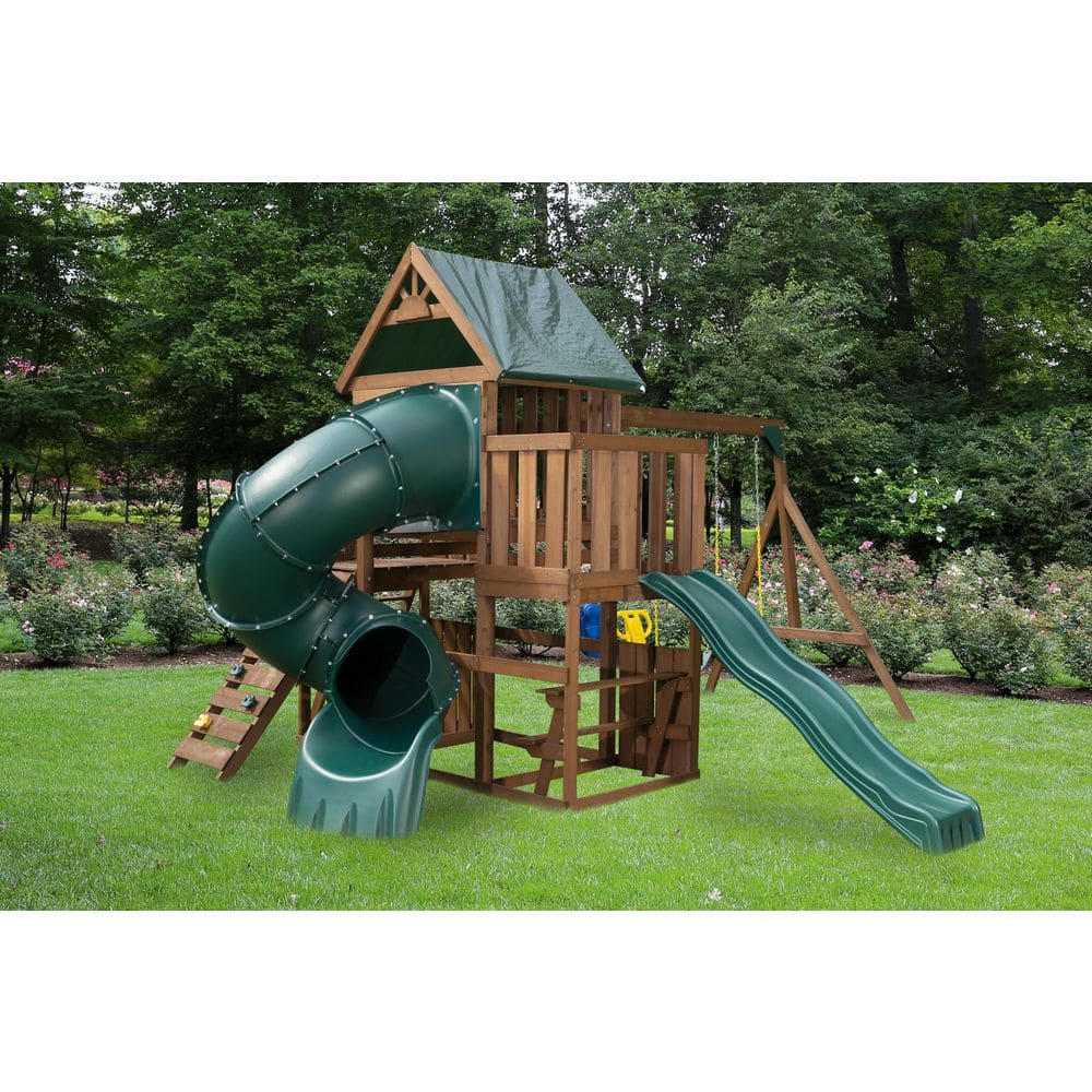 Tellico Terrace Wooden Swing Set with Tube and Wave Slides