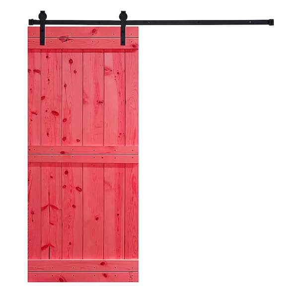 AIOPOP HOME Mid-Bar Series 24 in. x 84 in. Scarlet Red Stained Knotty Pine Wood DIY Sliding Barn Door with Hardware Kit