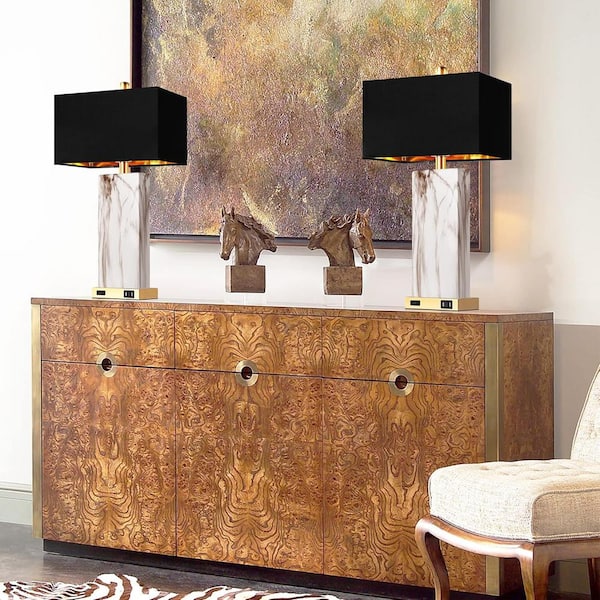 25 in. White Touch Table Lamps, Bedside Lamps with 2 USB Ports and Black Shade, 3-Way Dimmable End Lamp for Living Room