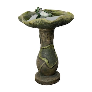 20.8 in. Tall Concrete Outdoor Birdbath for Garden -Lotus Freestanding Birdbath with a Frog Figurine for Outdoors, Lawn