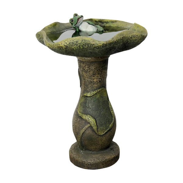 Watnature 20.8 in. Tall Concrete Outdoor Birdbath for Garden -Lotus Freestanding Birdbath with a Frog Figurine for Outdoors, Lawn