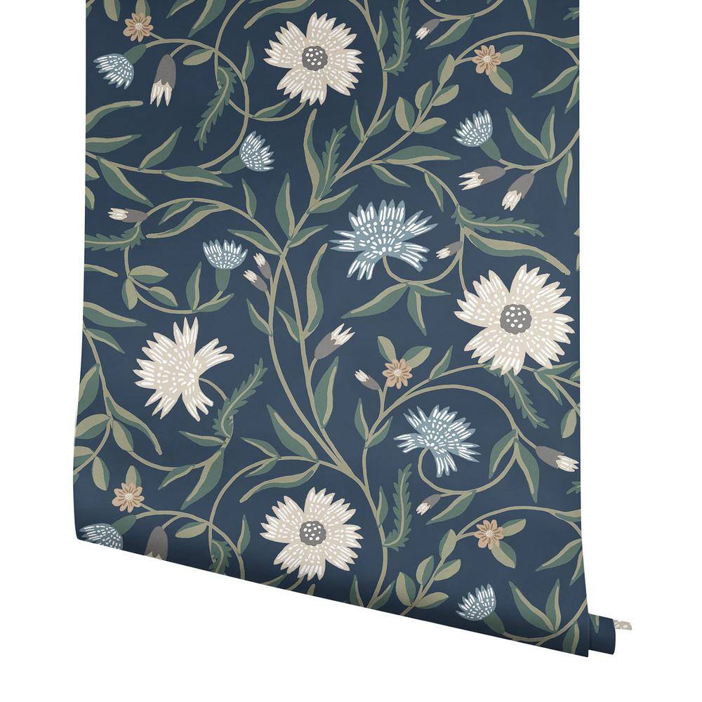 Navy Floral Non-Pasted Washable Wallpaper