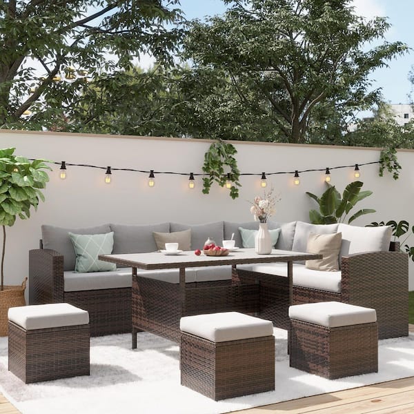 8-Person Wicker Outdoor Sectional Seating Set with Grey Cushions