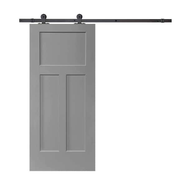CALHOME 30 in. x 80 in. Light Gray Stained Composite MDF 3-Panel Interior Sliding Barn Door with Hardware Kit