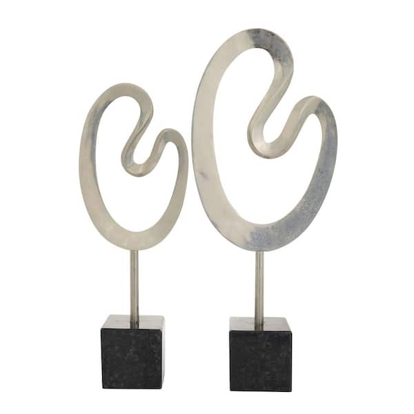 CosmoLiving by Cosmopolitan Silver Marble Abstract Sculpture with Black Base (Set of 2)