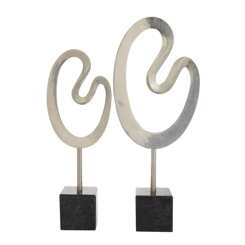 Silver Marble Abstract Sculpture with Black Base (Set of 2)