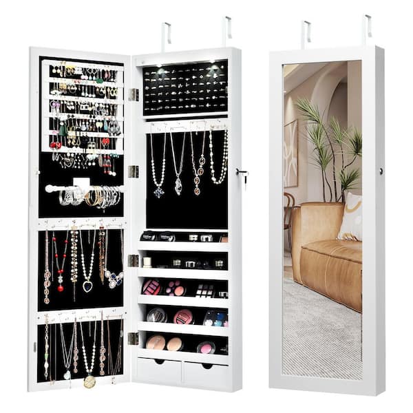 14.5 in. x 50 in. White Wall Mounted Lockable MDF Jewelry Armoire Storage Organizer with Full-Length Mirror and Lights