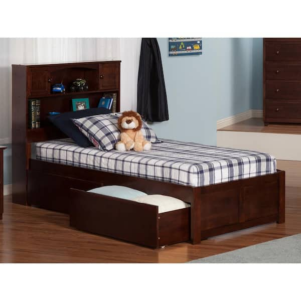 Newport Walnut Twin Solid Wood Storage Platform Bed with Flat Panel Foot Board and 2 Bed Drawers