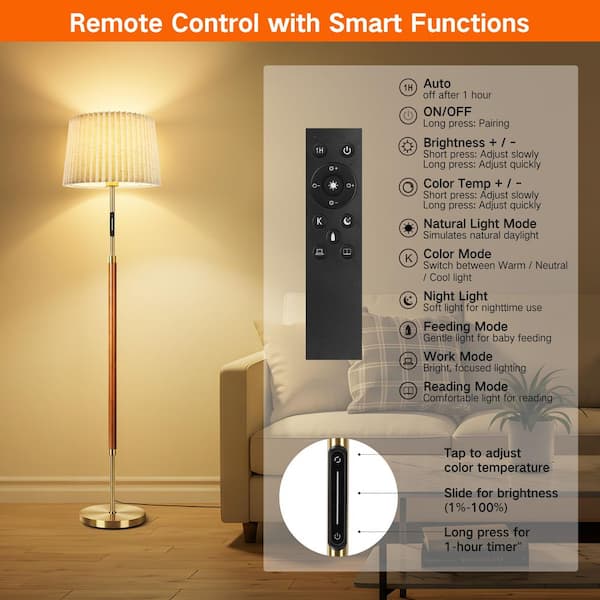 61 in. Walnut 1-Light LED Energy Efficient Standard Floor Lamp with Double Lampshade