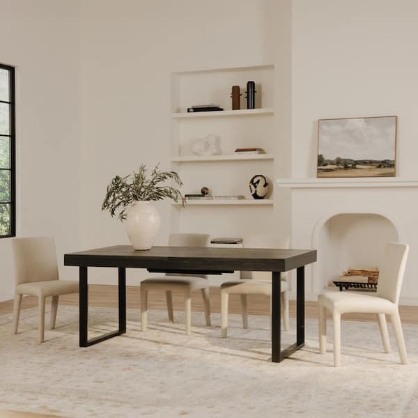 NADAAL STUDIOS Quinto Rustic Black Reclaimed Pine Wood 71-96 in. Square Extension Sled Dining Table with Iron Frame Seats 6-10