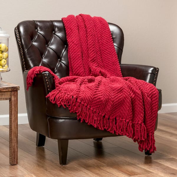 Textured Knit Red Acrylic Polyester Throw Blanket with Tassels - 50 in. x 65 in.