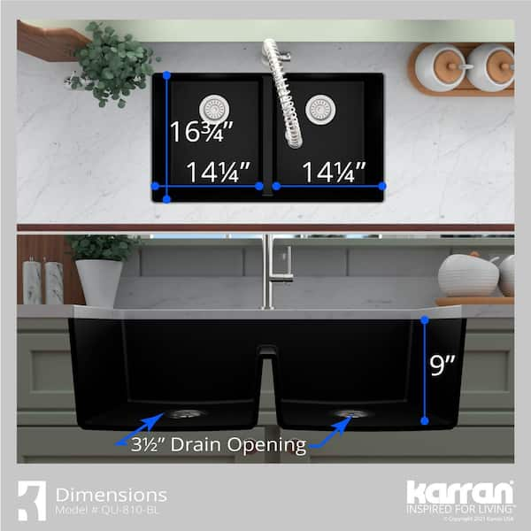 Karran Undermount 32-in x 19.5-in Black Quartz Double Equal Bowl