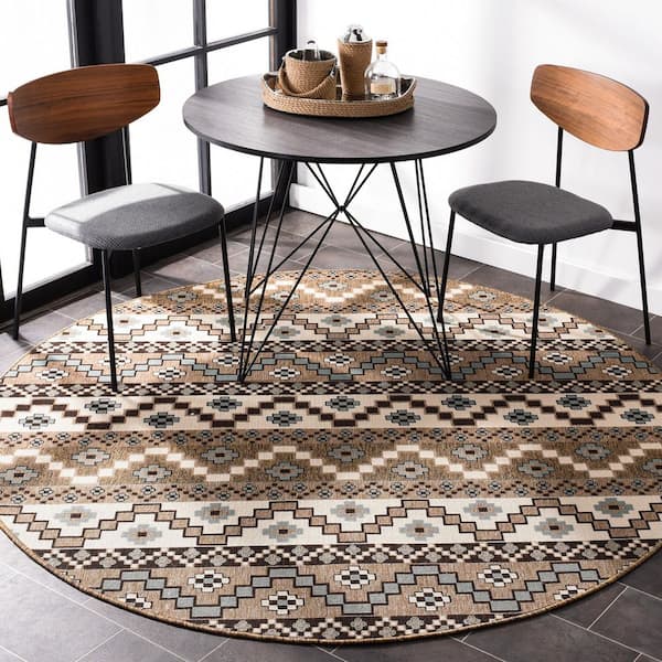 Veranda Creme/Brown 7 ft. x 7 ft. Aztec Tribal Indoor/Outdoor Round Area Rug
