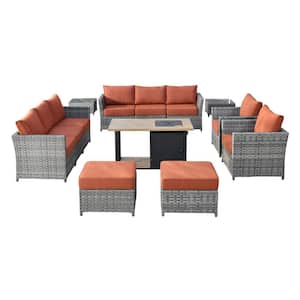 Eufaula Gray 13-Piece Wicker Modern Outdoor Patio Conversation Sofa Set with a Storage Fire Pit and Orange Red Cushions