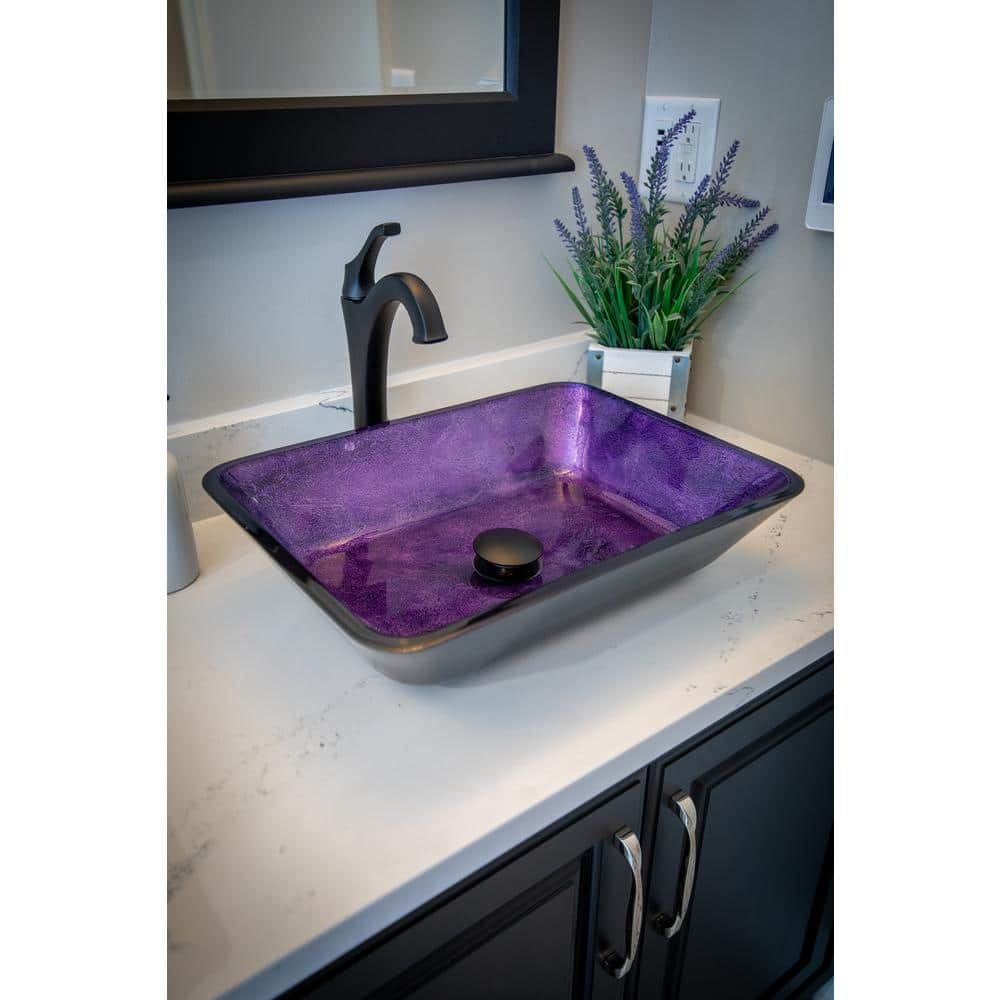 Rectangular Purple and Black Glass Above-Counter Vessel Sink