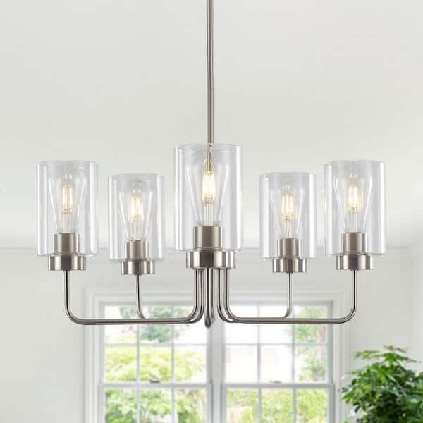 5-Light Nickel Candlestick Hanging Linear Chandelier Lighting Fixture with Glass Shade for Kitchen Island