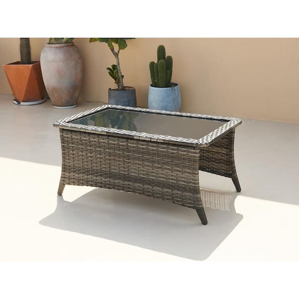 HUMMUH Carolina Gray Wicker Outdoor Coffee Table with Black Glass Tabletop