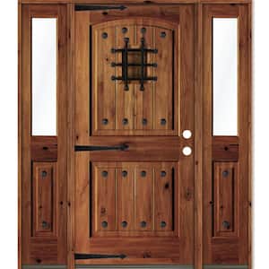 58 in. x 80 in. Medit. Knotty Alder Left-Hand/Inswing Clear Glass Red Chestnut Stain Wood Prehung Front Door w/DHSL