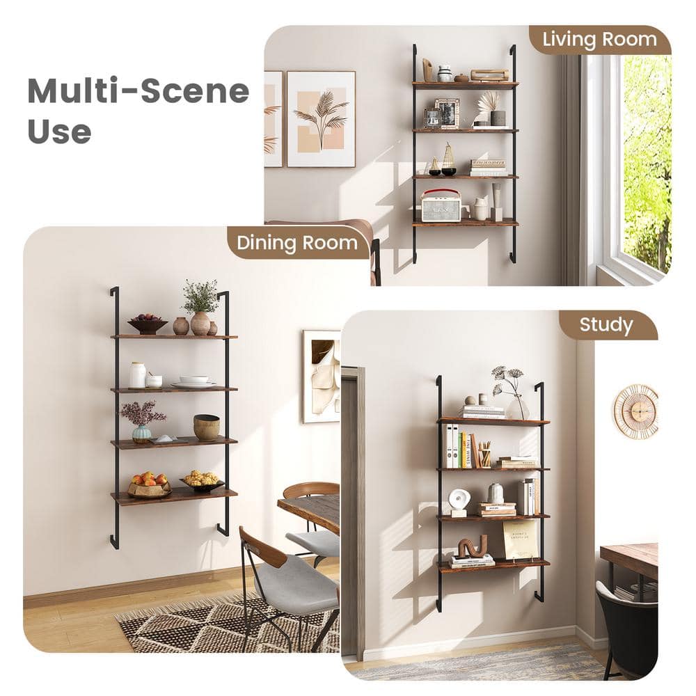 Rustic Brown 4-Tier MDF and Metal Ladder Bookshelf
